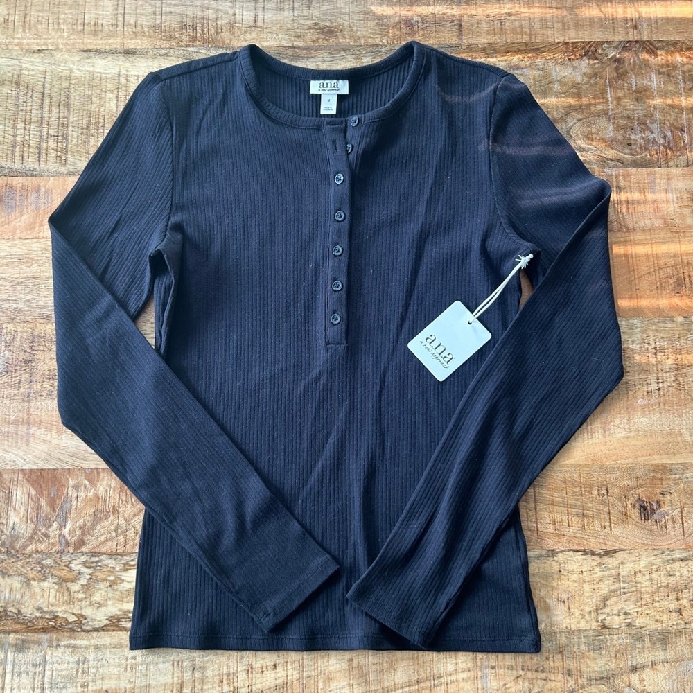 a.n.a A New Approach Womens Ribbed Henley Long Sleeve Top Black Medium NWT